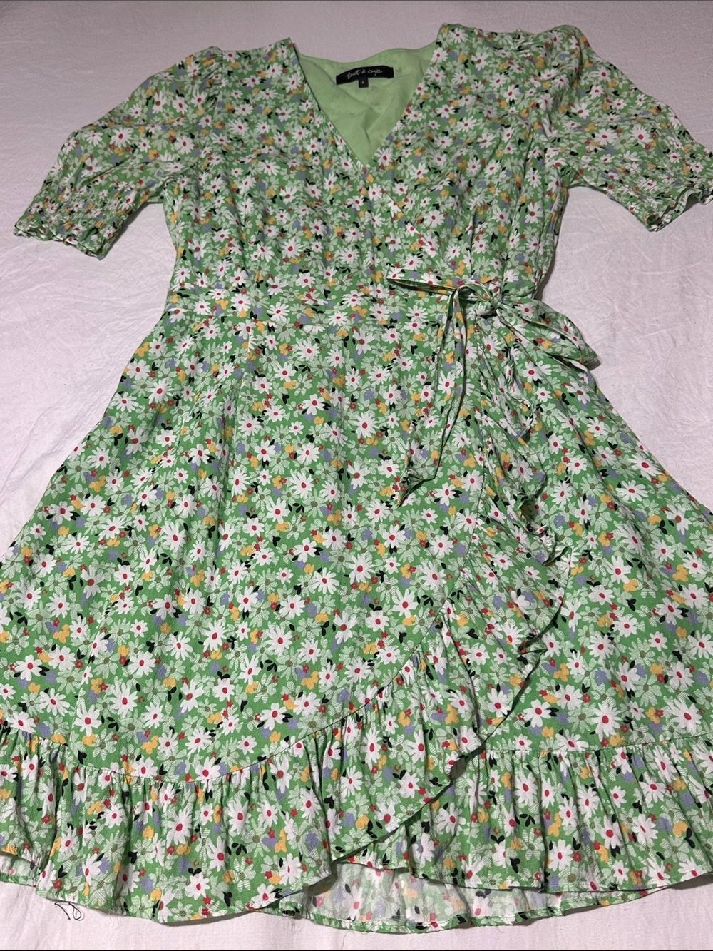 Green Floral Wrap Mini Dress - Brand: